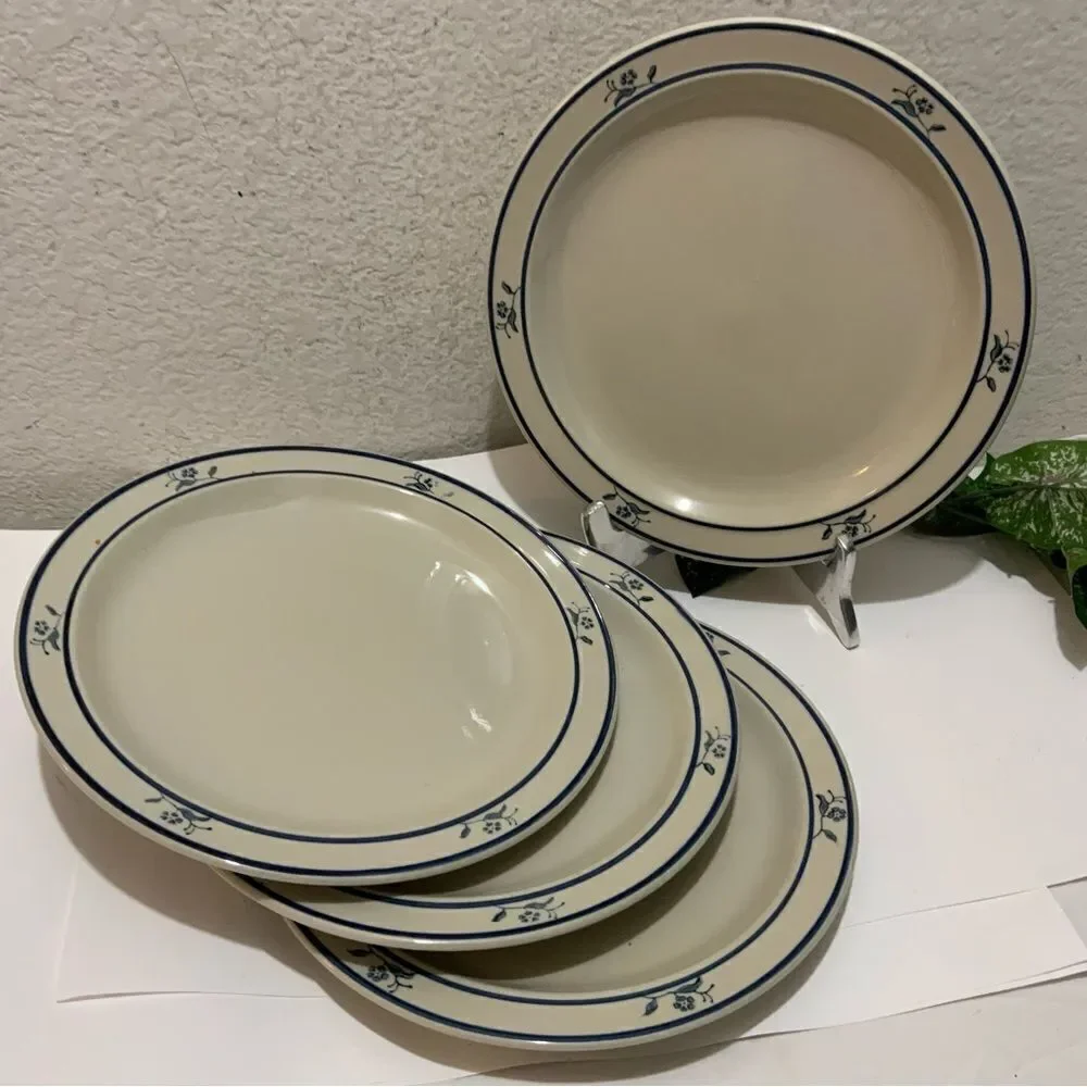 SCANDIA Blue DINNER PLATES Set Stoneware Floral Flowers Dishes  4 Brickoven G3